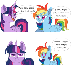 Size: 2334x2128 | Tagged: safe, artist:taaffeite, derpibooru original, character:rainbow dash, character:twilight sparkle, character:twilight sparkle (alicorn), species:alicorn, species:pegasus, species:pony, bronybait, dialogue, duo, eye clipping through hair, female, fourth wall, high res, implied fluttershy, looking at you, mare, open mouth, redraw, simple background, smuglight sparkle, speech bubble, transparent background