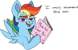 Size: 1577x1008 | Tagged: safe, artist:taaffeite, derpibooru original, character:rainbow dash, species:pegasus, species:pony, book, bust, dialogue, egghead, female, looking at you, mare, narcissism, open mouth, rainbow dork, simple background, transparent background