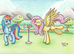 Size: 2454x1805 | Tagged: safe, artist:serenepony, character:fluttershy, character:rainbow dash, species:pegasus, species:pony, episode:sonic rainboom, g4, my little pony: friendship is magic, dialogue, megaphone, traditional art, yay