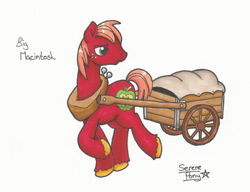 Size: 1986x1524 | Tagged: safe, artist:serenepony, character:big mcintosh, species:earth pony, species:pony, cart, looking back, male, simple background, solo, stallion, traditional art, unshorn fetlocks, walking