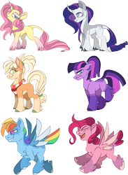 Size: 2463x3356 | Tagged: safe, artist:taaffeite, derpibooru original, character:applejack, character:fluttershy, character:pinkie pie, character:rainbow dash, character:rarity, character:twilight sparkle, species:earth pony, species:pegasus, species:pony, species:unicorn, g5 leak, leak, alternate color palette, alternate hairstyle, alternate universe, applejack (g5), cloven hooves, colored wings, colored wingtips, curved horn, female, fluttershy (g5), flying, gradient hooves, grumpy, horn, leg fluff, leonine tail, mane six, mane six (g5), mare, missing cutie mark, open mouth, pale belly, pinkie pie (g5), ponytail, race swap, rainbow dash (g5), raised leg, rarity (g5), redraw, simple background, smiling, snooty, socks (coat marking), spoiler, tail feathers, tail fluff, transparent background, twilight sparkle (g5), unshorn fetlocks