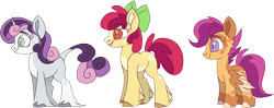 Size: 3970x1580 | Tagged: safe, artist:taaffeite, derpibooru original, character:apple bloom, character:scootaloo, character:sweetie belle, species:earth pony, species:pegasus, species:pony, species:unicorn, leak, alternate color palette, alternate design, alternate hairstyle, alternate universe, apple bloom (g5), cutie mark crusaders, female, leg fluff, leonine tail, mare, scootaloo (g5), simple background, spoiler, sweetie belle (g5), transparent background, unshorn fetlocks