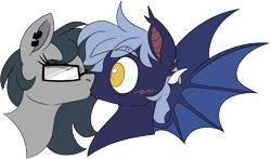Size: 2841x1667 | Tagged: safe, artist:taaffeite, derpibooru original, oc, oc only, oc:graphite, oc:sagittarius, species:bat pony, bat pony oc, bat wings, blushing, bust, commission, kiss on the lips, kissing, simple background, surprise kiss, surprised, transparent background, wide eyes, wings
