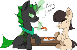 Size: 2635x1711 | Tagged: safe, artist:taaffeite, derpibooru original, oc, oc only, oc:verdant gear, unnamed oc, species:changeling, species:earth pony, species:pony, species:reformed changeling, angry, changedling oc, changeling oc, chopsticks, commission, cross-popping veins, dialogue, duo, earth pony problems, female, food, green changeling, magic, male, mare, meat, ponies eating meat, simple background, speech bubble, stallion, sushi, sweat, telekinesis, transparent background