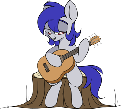 Size: 1052x941 | Tagged: safe, artist:taaffeite, derpibooru original, oc, oc only, oc:delta, species:earth pony, species:pony, acoustic guitar, commission, guitar, male, musical instrument, simple background, solo, stallion, transparent background, tree stump