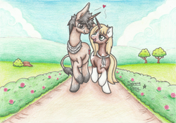 Size: 2446x1709 | Tagged: safe, artist:serenepony, oc, oc:serene tone, oc:sweetheart, species:donkey, species:pony, species:unicorn, clothing, couple, donkeycorn, female, hybrid, looking at each other, male, mare, scarf, smiling, stallion, traditional art, tube scarf, walking, walking together