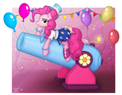 Size: 2091x1635 | Tagged: safe, artist:serenepony, character:pinkie pie, species:earth pony, species:pony, balloon, clothing, confetti, digital art, female, hat, looking at you, lying down, mare, party cannon, simple background, skirt, solo