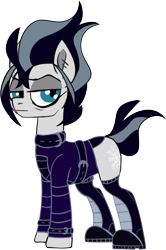 Size: 1195x1804 | Tagged: safe, artist:taaffeite, derpibooru original, character:snow hope, species:earth pony, species:pony, boots, clothing, collar, colored sketch, goth, gothic, jacket, leather jacket, male, piercing, request, requested art, shoes, simple background, sketch, stallion, transparent background