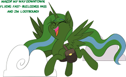 Size: 3603x2204 | Tagged: safe, artist:taaffeite, oc, oc only, oc:prepper, species:alicorn, species:pony, fallout equestria, a thousand miles, alicorn oc, artificial alicorn, bag, fallout equestria: prepper, fanfic art, flying, green alicorn (fo:e), horn, saddle bag, simple background, singing, smiling, solo, transparent background, vanessa carlton, wings
