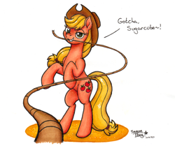 Size: 2098x1758 | Tagged: safe, artist:serenepony, character:applejack, species:earth pony, species:pony, clothing, dialogue, female, grin, hat, lasso, lidded eyes, looking at you, mare, mouth hold, offscreen character, pov, rearing, rope, simple background, smiling, solo, standing, traditional art