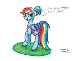 Size: 1969x1582 | Tagged: safe, artist:serenepony, character:rainbow dash, species:pegasus, species:pony, alternate hairstyle, bronybait, clothing, dialogue, female, jogging, looking at you, looking back, looking back at you, mare, simple background, solo, sweatband, traditional art