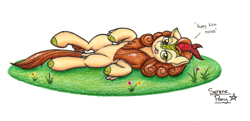 Size: 2367x1143 | Tagged: safe, artist:serenepony, character:autumn blaze, species:kirin, descriptive noise, dialogue, female, flower, grass, looking at you, lying down, on back, simple background, smiling, solo, tongue out, traditional art