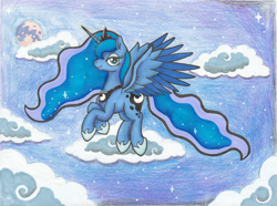 Size: 2480x1848 | Tagged: safe, alternate version, artist:serenepony, character:princess luna, species:alicorn, species:pony, armor, cloud, colored pencil drawing, crown, ethereal mane, female, flying, jewelry, mare, marker drawing, moon, night, night sky, regalia, sky, solo, stars, traditional art