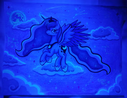 Size: 4626x3564 | Tagged: safe, alternate version, artist:serenepony, character:princess luna, species:alicorn, species:pony, armor, cloud, constellation, crown, ethereal mane, female, flying, jewelry, magic, mare, moon, night, night sky, photo, regalia, sky, solo, stars, traditional art, ultraviolet, ultraviolet light