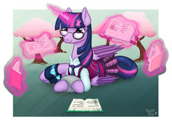 Size: 1577x1105 | Tagged: safe, artist:serenepony, character:twilight sparkle, character:twilight sparkle (scitwi), species:alicorn, species:eqg human, species:pony, alicornified, book, cherry blossoms, clothing, crystal prep academy uniform, digital art, equestria girls outfit, equestria girls ponified, female, flower, flower blossom, glasses, looking at you, looking up, looking up at you, lying down, magic, mare, ponified, race swap, school uniform, scitwilicorn, simple background, solo, tree