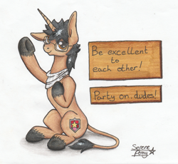 Size: 1617x1487 | Tagged: safe, artist:serenepony, oc, oc:serene tone, species:donkey, species:pony, species:unicorn, bill and ted, bill and ted's excellent adventure, donkeycorn, hybrid, looking at you, male, sign, simple background, sitting, solo, stallion, traditional art, tube scarf