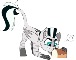 Size: 1323x1058 | Tagged: safe, artist:taaffeite, derpibooru original, oc, oc only, oc:caibre, species:pony, bread, commission, confused, food, leonine tail, male, question mark, simple background, solo, stallion, transparent background, zebra hybrid