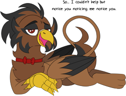 Size: 3076x2350 | Tagged: safe, artist:taaffeite, derpibooru original, oc, oc only, oc:dj axel rod, species:griffon, bow tie, colored wings, colored wingtips, commission, dialogue, griffon oc, leonine tail, looking at you, male, prone, rango, simple background, solo, transparent background, white outline