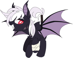 Size: 3460x2724 | Tagged: safe, artist:taaffeite, derpibooru original, oc, oc only, oc:sylvia, species:bat pony, species:pony, bandage, bandaged hoof, bat pony oc, bat wings, commission, female, flying, long fangs, mare, red eyes, scar, scarred, sharp teeth, simple background, solo, spread wings, tail wrap, teeth, transparent background, vampire bat pony, white outline, wings