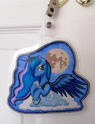 Size: 3504x4560 | Tagged: safe, artist:serenepony, character:princess luna, species:alicorn, species:pony, badge, cloud, con badge, convention badge, female, jewelry, looking at you, mare, moon, night, photo, regalia, solo, spread wings, stars, traditional art, wings