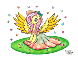Size: 2480x1851 | Tagged: safe, artist:serenepony, character:fluttershy, species:pegasus, species:pony, butterfly, clothing, dress, female, flower, hat, mare, simple background, sitting, solo, spread wings, sundress, traditional art, wings
