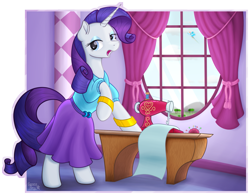 Size: 1907x1488 | Tagged: safe, artist:serenepony, character:rainbow dash, character:rarity, species:pegasus, species:pony, species:unicorn, bipedal, boutique, clothing, curtains, digital art, dress, equestria girls outfit, female, jewelry, looking at you, mare, sewing, sewing machine, solo