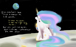 Size: 3840x2400 | Tagged: safe, artist:skydreams, character:princess celestia, oc, oc:skydreams, species:alicorn, species:pony, species:unicorn, g4, bad end, crying, dialogue, female, holding a pony, implied death, jewelry, looking up, magic, magic aura, mare, on the moon, painting, regalia