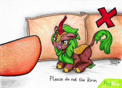 Size: 1996x1440 | Tagged: safe, artist:serenepony, character:cinder glow, character:summer flare, species:kirin, species:pony, g4, angry, hissing, hoof, meme, pillow, please do not the cat, please do not the kirin, traditional art, wikihow
