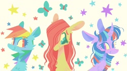 Size: 2048x1152 | Tagged: safe, artist:astro_eden, character:fluttershy, character:rainbow dash, character:twilight sparkle, g4, butterfly, smiling, stars, trio