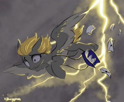 Size: 1952x1600 | Tagged: safe, artist:hydrargyrum, character:derpy hooves, species:pegasus, species:pony, g4, flying, letter, lightning, mailbag, solo, storm