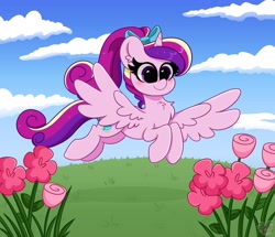 Size: 4096x3525 | Tagged: safe, artist:kittyrosie, character:princess cadance, species:alicorn, species:pony, g4, blushing, cloud, cute, flower, flying, hair bow, sky, smiling, solo
