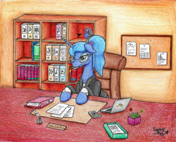 Size: 2262x1825 | Tagged: safe, alternate version, artist:serenepony, character:princess luna, species:alicorn, species:pony, g4, accountant, alternate hairstyle, alternate universe, annoyed, book, bookshelf, clothing, cutie mark, desk, files, glasses, laptop computer, office, paper, plushie, scrunchie, solo, suit, traditional art
