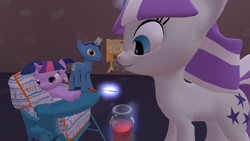 Size: 1920x1080 | Tagged: safe, artist:northern haste, character:night light, character:twilight sparkle, character:twilight velvet, species:pony, 3d, age regression, angry, baby food, crib, diaper, feeding, foal, highchair, levitation, magic, mental regression, source filmmaker, spoon, telekinesis