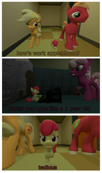 Size: 2000x3393 | Tagged: safe, artist:northern haste, character:apple bloom, character:applejack, character:big mcintosh, character:cheerilee, 3d, a series of unfortunate events, comic, diaper, musical instrument, netflix, reference, source filmmaker, typewriter, violin
