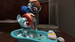 Size: 3840x2160 | Tagged: safe, artist:northern haste, character:rainbow dash, character:tank, character:windy whistles, 3d, 4k, babying, bath, bath toy, bathroom, diaper, female, filly, filly rainbow dash, like mother like daughter, like parent like child, mother and daughter, rubber duck, shampoo, source filmmaker, toy, wet, younger