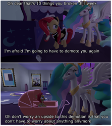 Size: 3900x4392 | Tagged: safe, artist:northern haste, character:princess celestia, species:alicorn, species:pony, 2 panel comic, 3d, 4k, age regression, baby, baby carriage, baby pony, clothing, comic, diaper, duster, female, filly, foal, grammar error, maid, not fluttershy, pacifier, source filmmaker