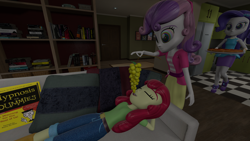 Size: 3840x2160 | Tagged: safe, artist:northern haste, character:apple bloom, character:rarity, character:sweetie belle, g4, my little pony:equestria girls, 3d, 4k, absurd resolution, arm behind head, belt, blank expression, blouse, book, clothing, couch, cute, female, food, for dummies, grapes, headband, high heels, hypnosis, hypnotized, jacket, kitchen, living room, lying down, pants, pencil skirt, pillow, pizza, request, servants, shirt, shoes, skirt, swirly eyes, trio, walking