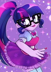 Size: 990x1400 | Tagged: safe, artist:techycutie, character:twilight sparkle, character:twilight sparkle (scitwi), species:eqg human, g4, blep, clothing, glasses, ponytail, skirt, solo, thigh highs, tongue out
