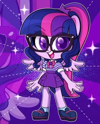 Size: 693x854 | Tagged: safe, artist:techycutie, character:twilight sparkle, character:twilight sparkle (scitwi), species:eqg human, g4, clothing, glasses, open mouth, ponied up, ponytail, skirt, solo, thigh highs, wings