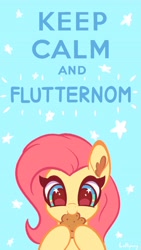Size: 2304x4096 | Tagged: safe, artist:lollipony, character:fluttershy, species:pegasus, species:pony, g4, cookie, keep calm and carry on, nom, solo