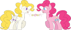 Size: 1553x673 | Tagged: safe, artist:taaffeite, derpibooru original, character:pinkie pie, character:surprise, species:earth pony, species:pegasus, species:pony, g1, g4, 35th anniversary, dialogue, duo, female, g1 to g4, generation leap, looking at each other, mare, open mouth, raised hoof, simple background, speech bubble, transparent background, wow
