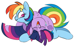 Size: 2233x1435 | Tagged: safe, artist:taaffeite, derpibooru original, character:rainbow dash, character:twilight sparkle, character:twilight sparkle (alicorn), species:alicorn, species:pegasus, species:pony, ship:twidash, colored sketch, couple, cute, cutie mark, female, lesbian, looking back, lying down, open mouth, prone, shipping, simple background, sketch, smiling, underhoof, upside down, white background