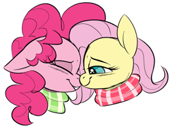 Size: 1869x1413 | Tagged: safe, artist:taaffeite, derpibooru original, character:fluttershy, character:pinkie pie, species:earth pony, species:pegasus, species:pony, ship:flutterpie, blushing, bust, clothing, colored sketch, couple, cute, female, floppy ears, lesbian, nuzzling, profile, scarf, shipping, simple background, sketch, smiling, white background