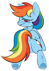 Size: 1256x1813 | Tagged: safe, artist:taaffeite, derpibooru original, character:rainbow dash, species:pegasus, species:pony, bedroom eyes, colored sketch, cutie mark, featureless crotch, female, looking at you, looking back, looking back at you, plot, rear view, simple background, sketch, solo, underhoof, white background