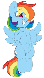 Size: 1061x1876 | Tagged: safe, artist:taaffeite, derpibooru original, character:rainbow dash, species:pegasus, species:pony, belly fluff, colored sketch, cutie mark, excited, fluffy, flying, simple background, sketch, smiling, solo, white background