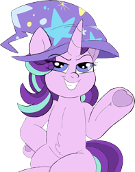 Size: 2572x3270 | Tagged: safe, artist:taaffeite, derpibooru original, character:starlight glimmer, species:pony, species:unicorn, accessory swap, clothing, crossed legs, fluffy, hat, hoof on hip, simple background, smiling, smug, smuglight glimmer, solo, transparent background, trixie's hat, underhoof