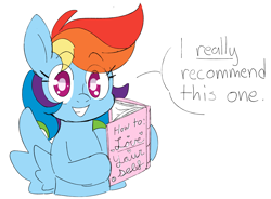 Size: 2257x1663 | Tagged: safe, artist:taaffeite, derpibooru original, character:rainbow dash, species:pegasus, species:pony, book, colored sketch, dialogue, egghead, female, looking at you, mare, rainbow dork, simple background, sketch, smiling, solo, speech bubble, white background