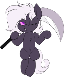 Size: 2539x3030 | Tagged: safe, artist:taaffeite, derpibooru original, oc, oc only, oc:cyberia starlight, species:earth pony, species:pony, female, fluffy, lidded eyes, mare, one eye closed, scythe, simple background, smiling, solo, transparent background, weapon, wink