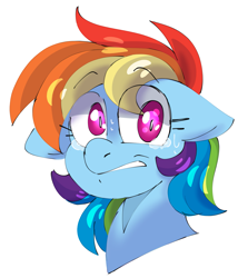 Size: 1869x2187 | Tagged: safe, artist:taaffeite, derpibooru original, character:rainbow dash, species:pegasus, species:pony, anxiety, bust, crying, female, floppy ears, frown, gritted teeth, looking at you, mare, nervous, scared, shading practice, shrunken pupils, simple background, solo, sweat, tears of fear, teary eyes, white background, wide eyes, worried