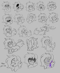 Size: 7772x9393 | Tagged: safe, artist:taaffeite, derpibooru original, oc, oc only, oc:cyberia starlight, species:earth pony, species:pony, >:3, absurd resolution, angry, blep, blood, blushing, cider, confused, crying, dialogue, expressions, female, gray background, grin, heart eyes, lineart, mare, monochrome, open mouth, purple blood, sharp teeth, silly, simple background, sketch, sketch dump, smiling, solo, speech bubble, spit take, surprised, sweat, sweating profusely, teary eyes, teeth, then perish, tongue out, wingding eyes
